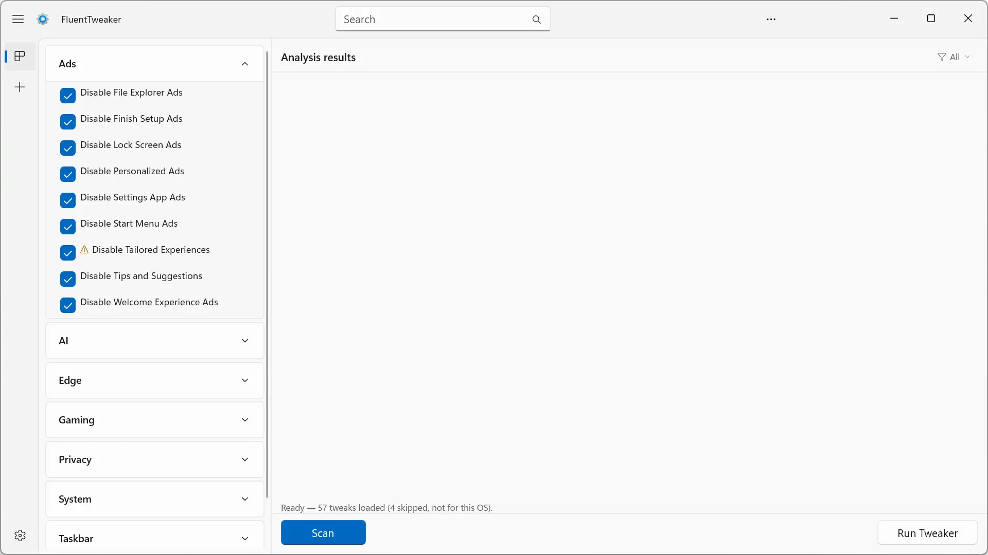 Catégorie FluentTweaker Ads pour désactiver les publicités intégrées à l'application dans Windows 11