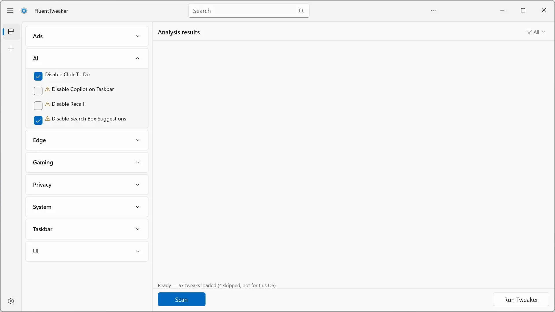 Catégorie FluentTweaker AI pour désactiver les fonctionnalités Windows 11 AI