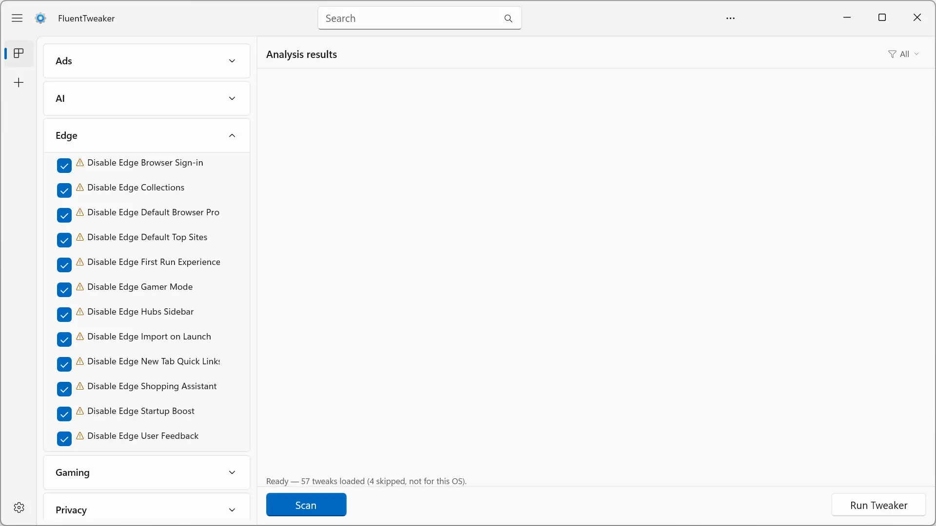 Catégorie FluentTweaker Edge avec les réglages disponibles pour Microsoft Edge