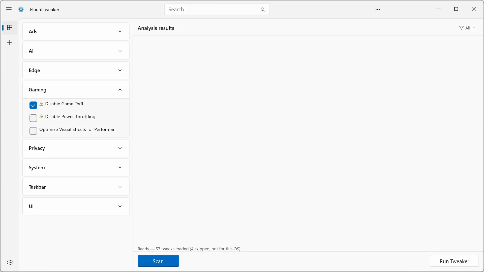 Catégorie FluentTweaker Gaming avec des ajustements disponibles pour les jeux sous Windows 11