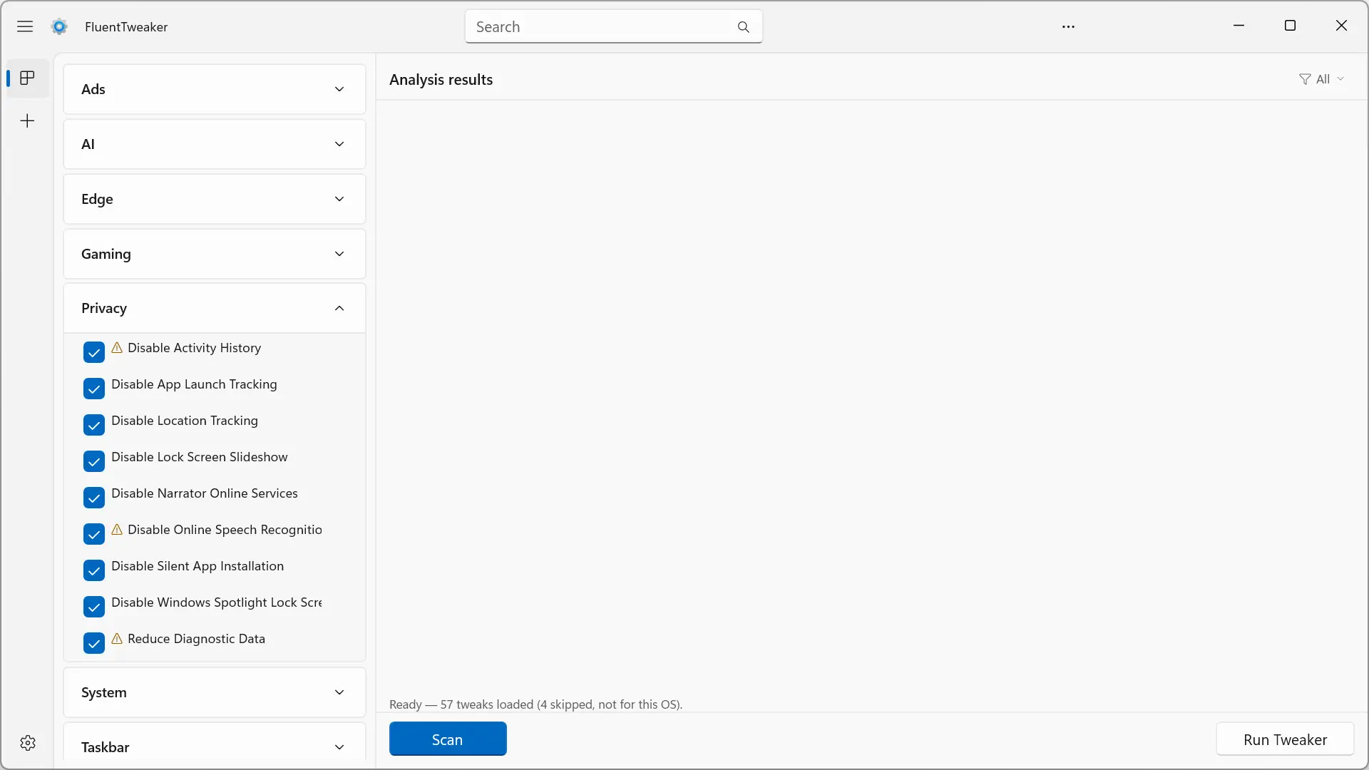 Catégorie de confidentialité FluentTweaker pour réduire la télémétrie et améliorer la confidentialité sur Windows 11