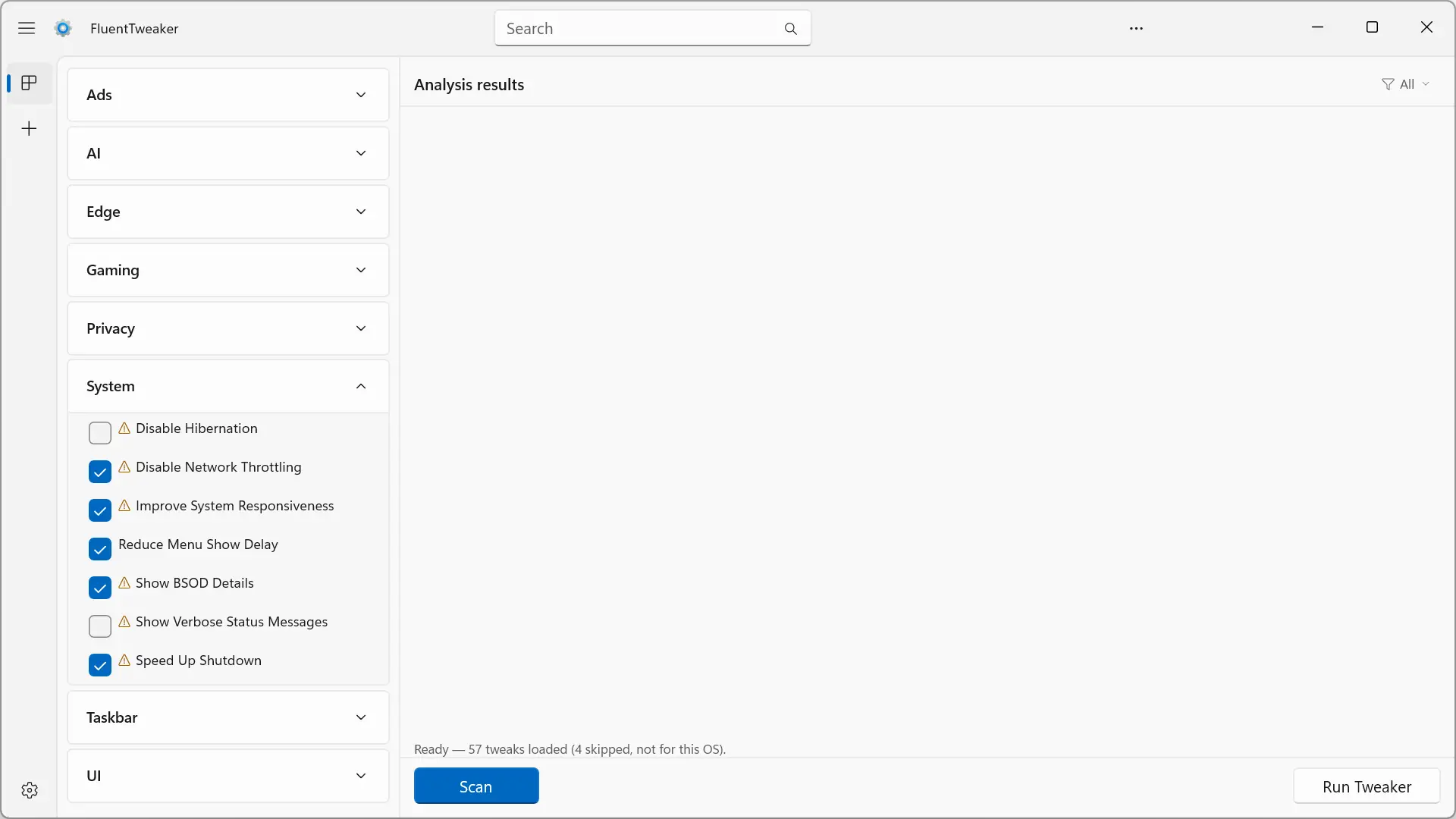 Catégorie Système FluentTweaker avec ajustements système disponibles pour Windows 11