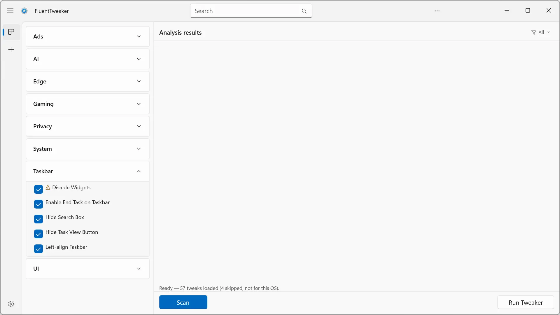 Catégorie FluentTweaker Taskbar pour personnaliser la barre des tâches de Windows 11