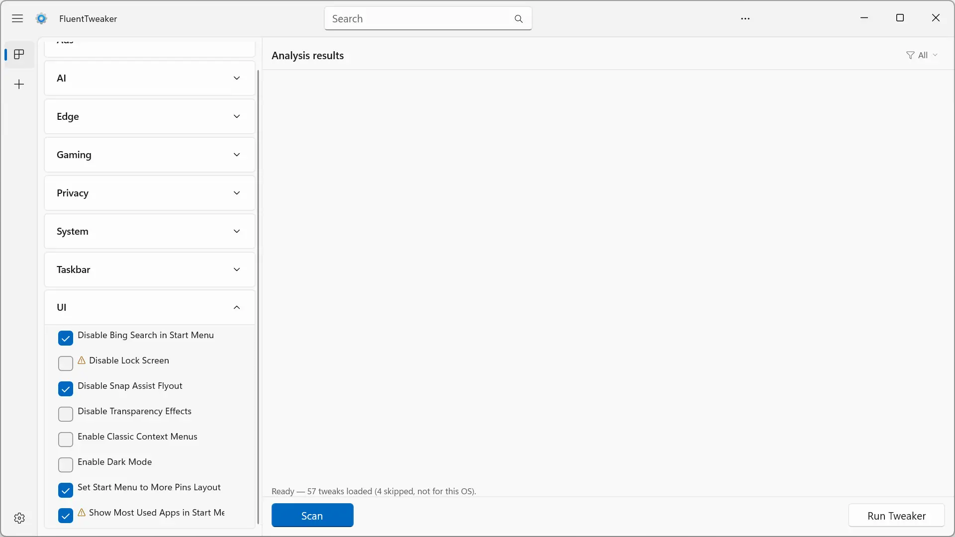 Catégorie d'interface utilisateur FluentTweaker avec des ajustements disponibles pour l'interface Windows 11