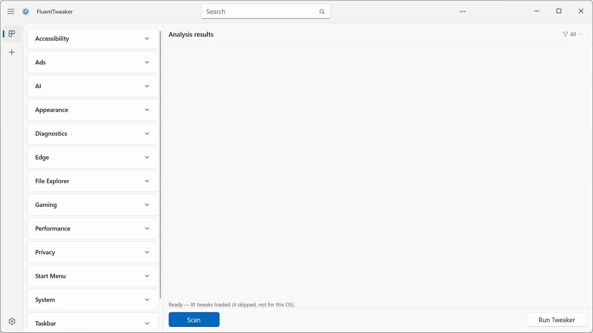 Interface FluentTweaker avec 81 réglages chargés après l'activation des réglages WinUtil