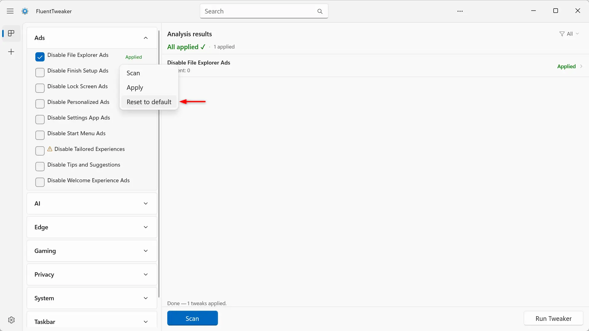 FluentTweaker Réinitialiser l'option par défaut pour réinitialiser un réglage aux paramètres par défaut de Windows