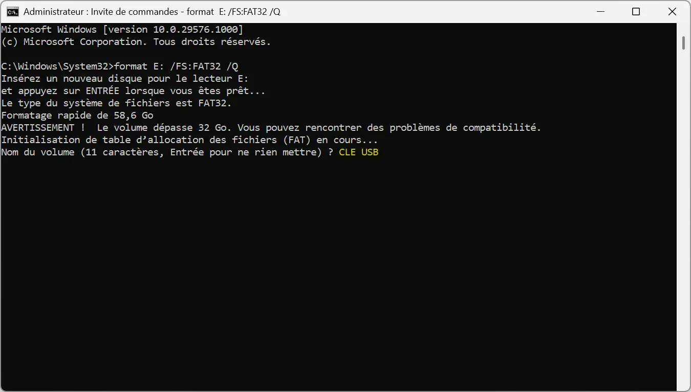 Avertissement de compatibilité lors du formatage en FAT32 au-delà de 32 Go sous Windows 11