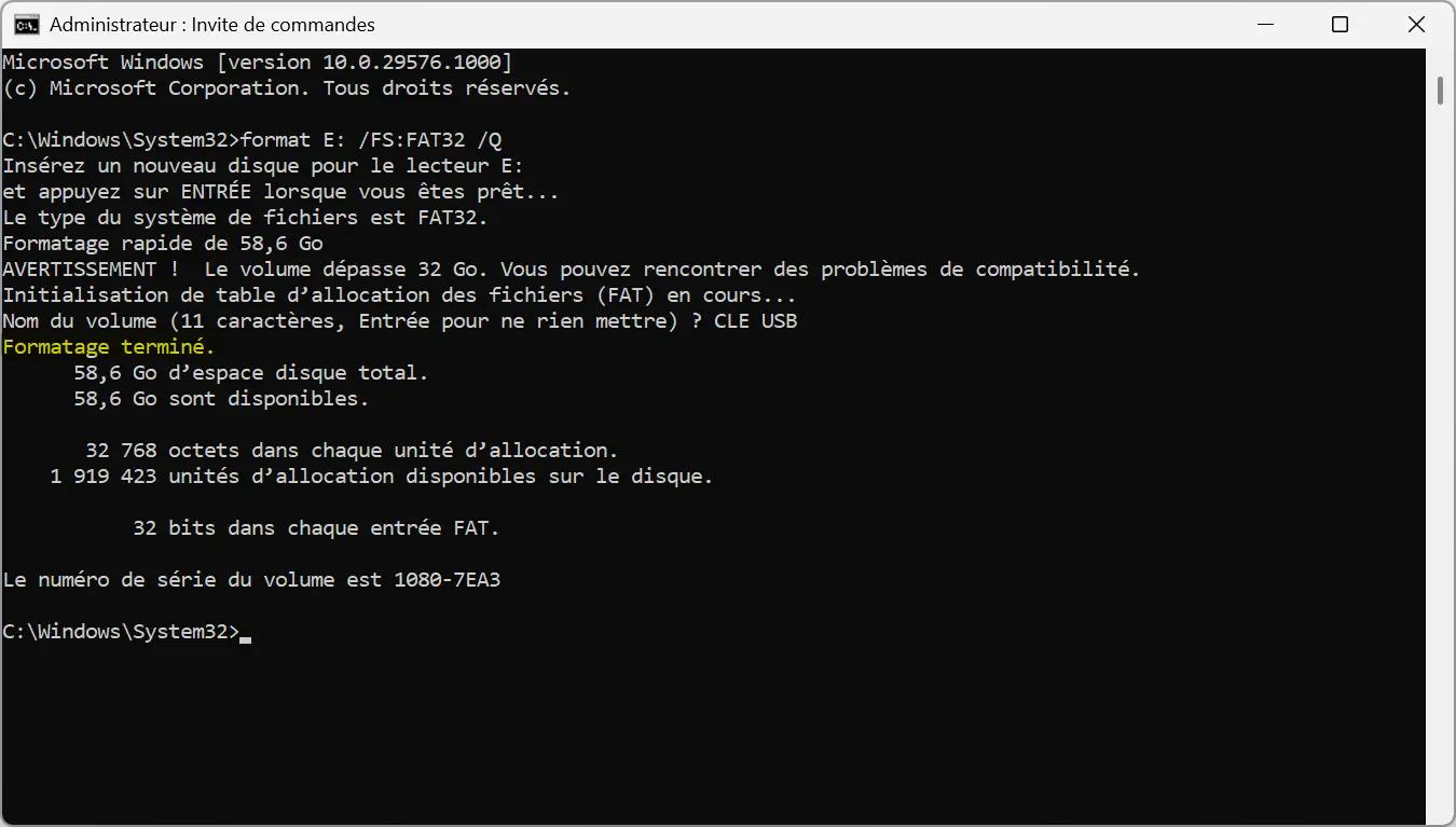 Formatage en FAT32 terminé avec succès sous Windows 11