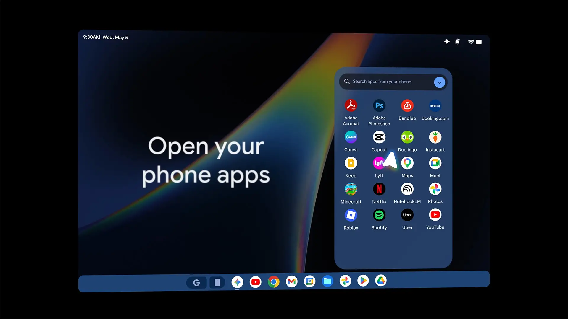 Interface Cast My Apps sur Googlebook affichant la grille des applications Android du téléphone, notamment Spotify, Netflix et Duolingo