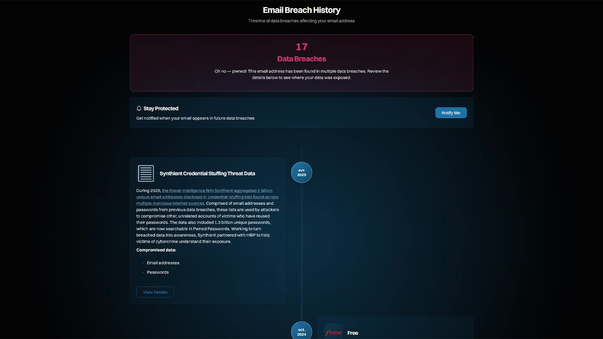 Résultat Have I Been Pwned montrant 17 fuites de données associées à une adresse e-mail, dont gratuites en octobre 2024