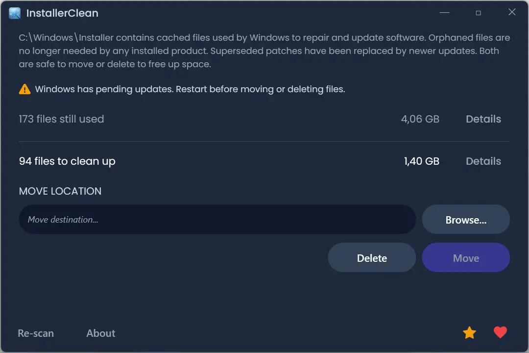Interface InstallerClean montrant l'analyse du dossier C:\Windows\Installer avec les fichiers utilisés et ceux à nettoyer