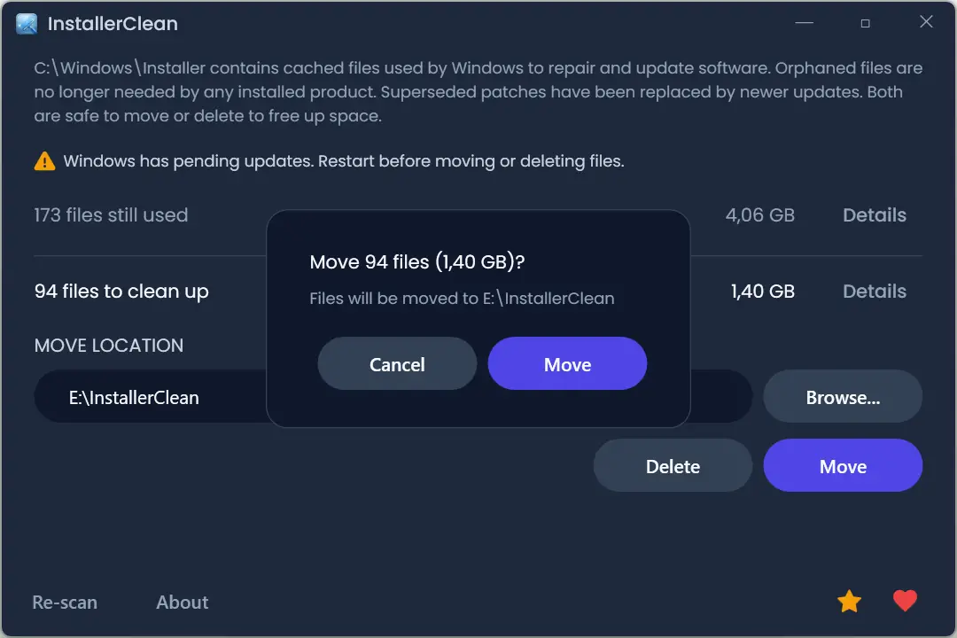Fenêtre de confirmation avant de déplacer les fichiers inutiles détectés par InstallerClean