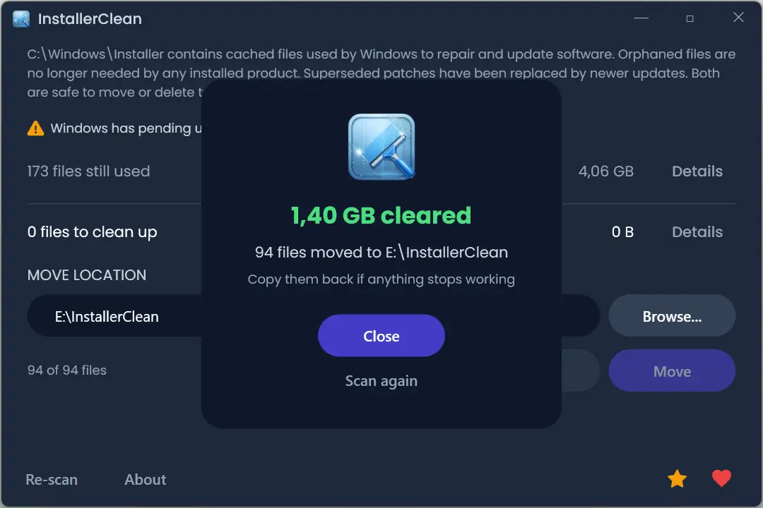 Résultat du nettoyage avec InstallerClean montrant l'espace disque libéré après le déplacement de fichiers