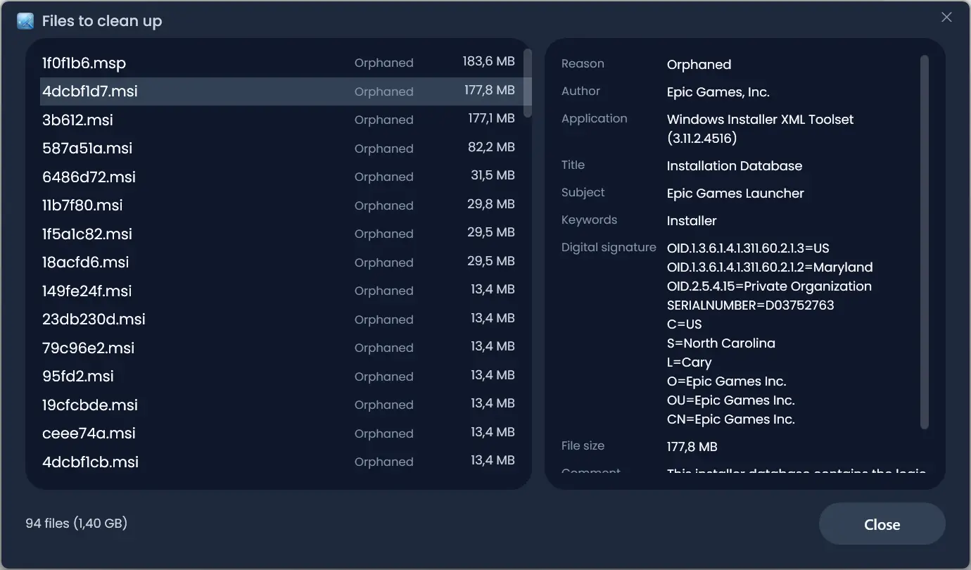 Liste des fichiers inutiles détectés dans le dossier C:\Windows\Installer avec leur taille dans InstallerClean