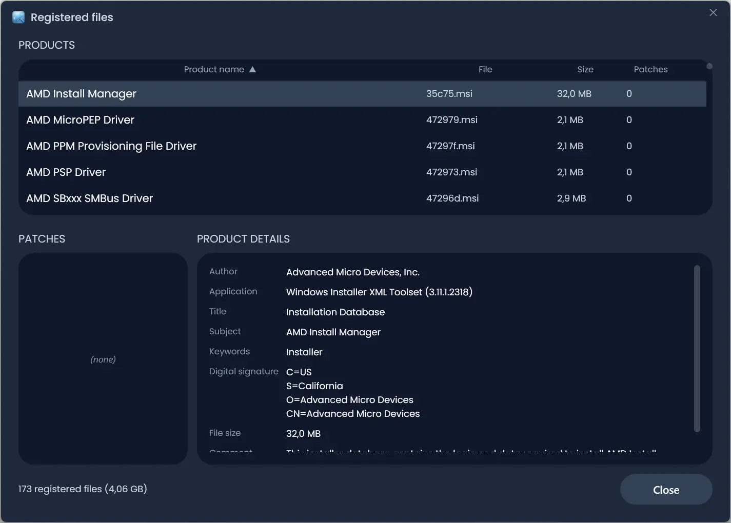 Liste des fichiers encore utilisés dans le dossier C:\Windows\Installer affiché par InstallerClean
