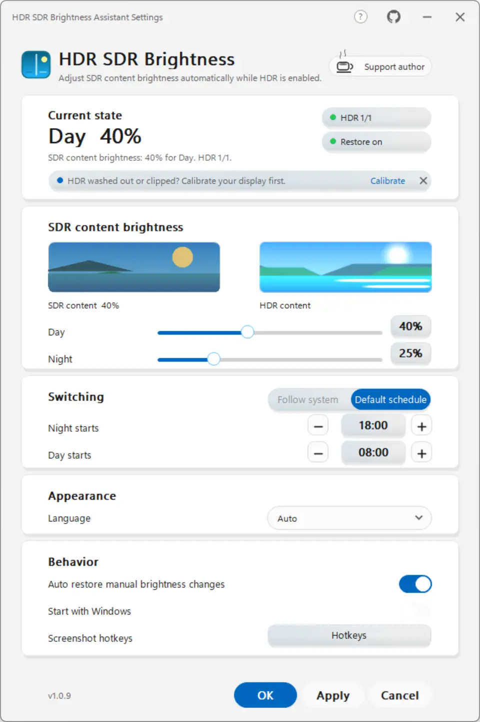 Interface logicielle HDR SDR Brightness sur Windows 11 avec réglages de luminosité SDR jour et nuit