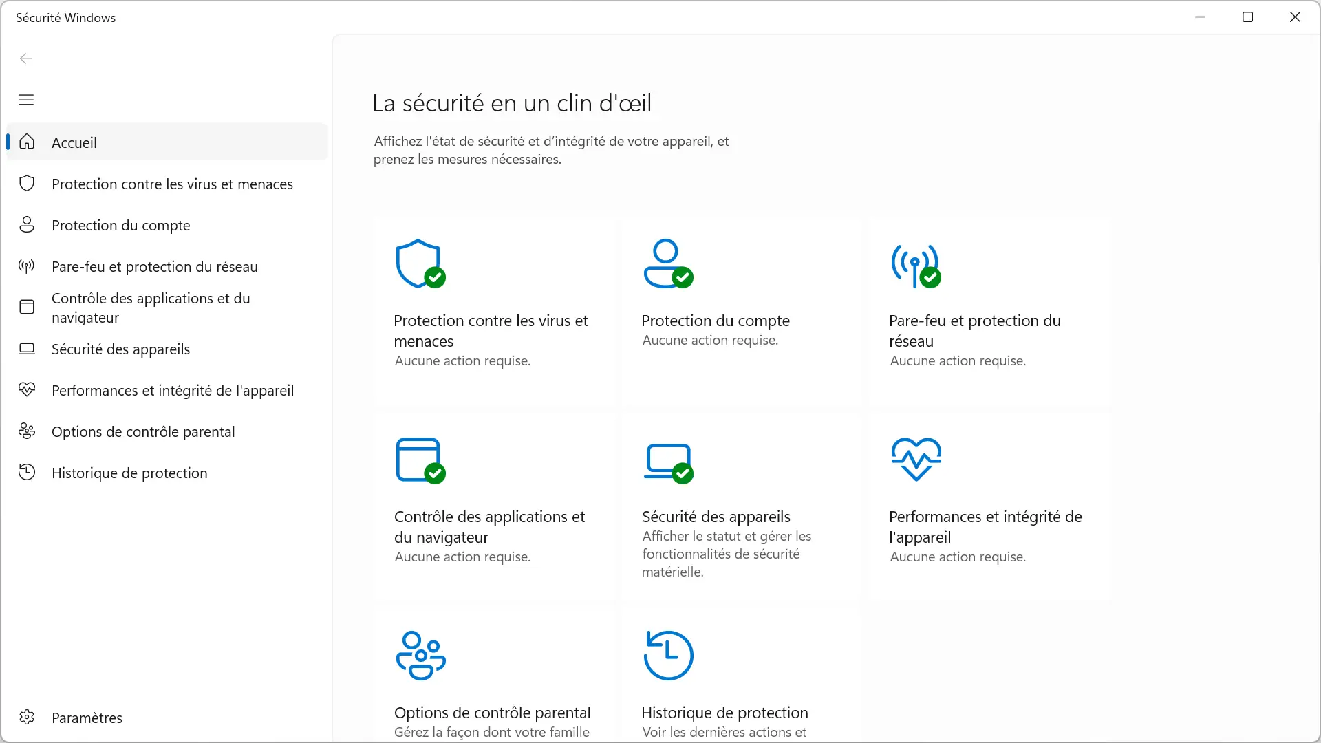 Interface de l'application de sécurité Windows avec Microsoft Defender Antivirus sur Windows 11