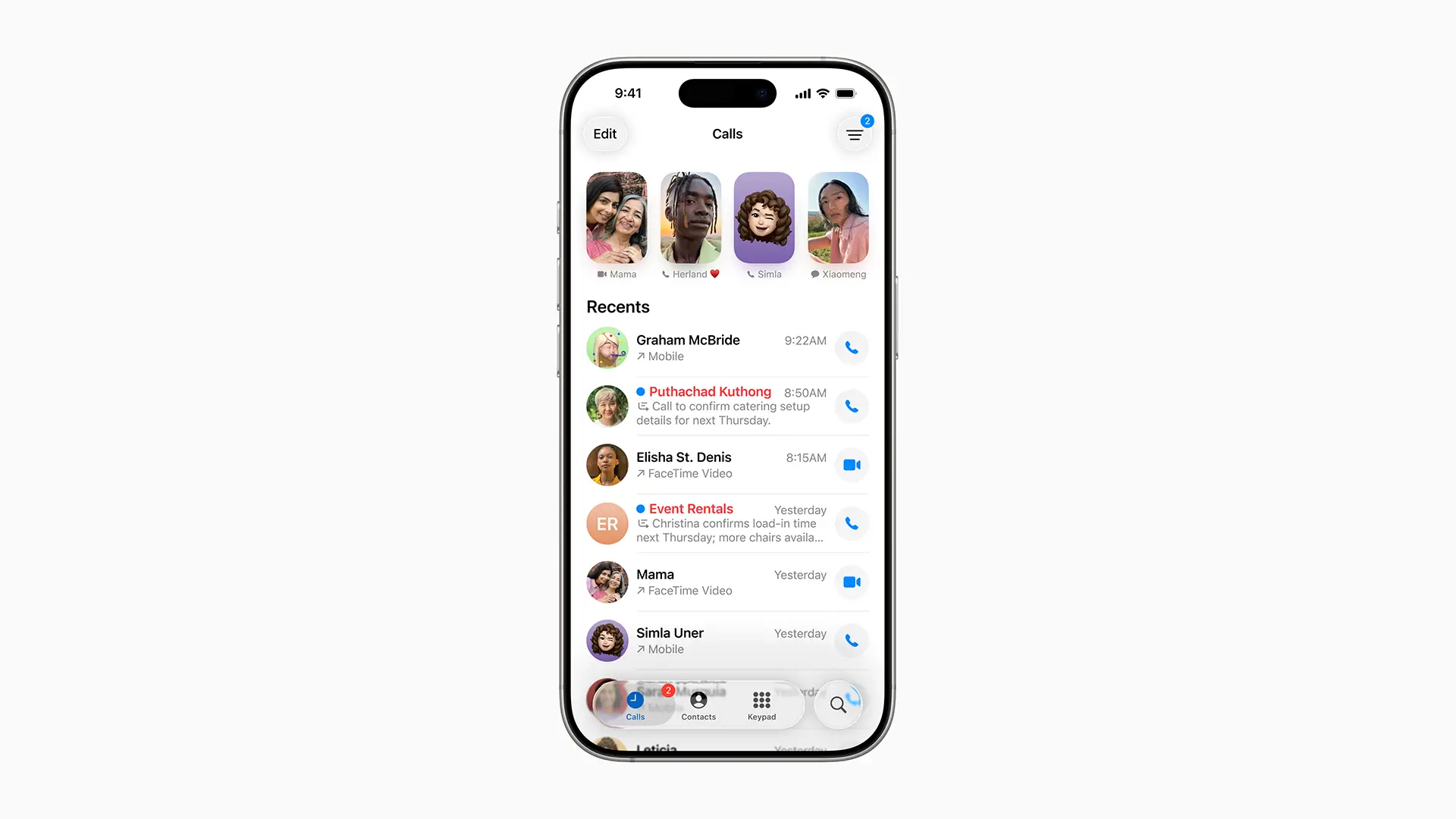 Nouvelle interface unifiée de l'application Téléphone sur iOS 26