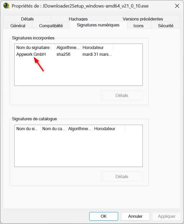 Vérification de la signature numérique AppWork GmbH sur un programme d'installation officiel de JDownloader sous Windows.