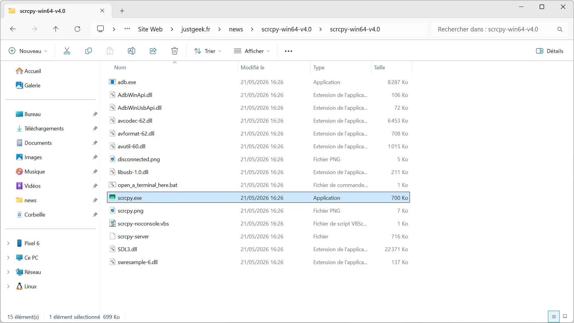 Fichier scrcpy.exe pour lancer Scrcpy sous Windows