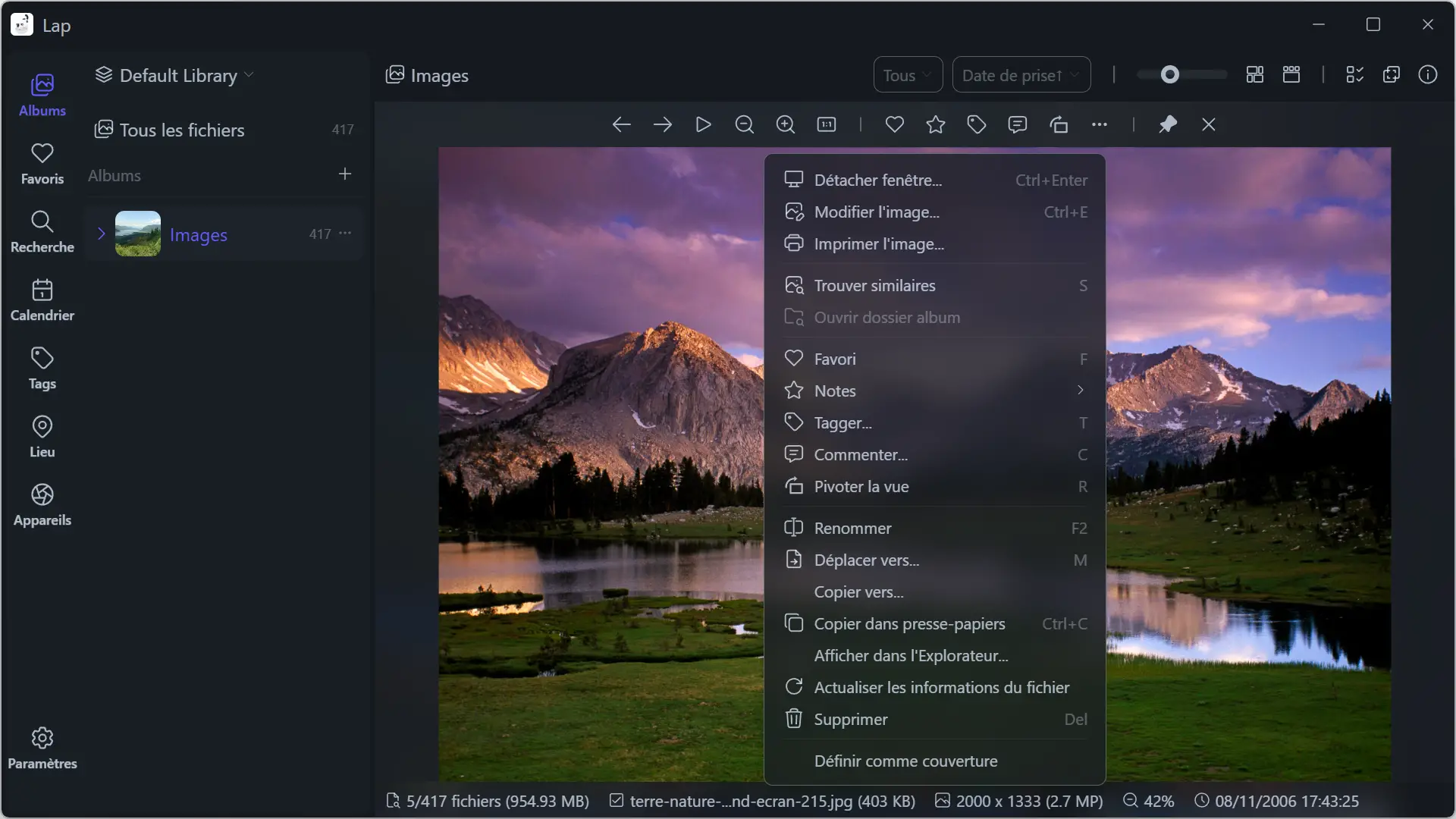 Tour - Menu contextuel de la visionneuse avec options d'édition, de déplacement, de marquage et de suppression