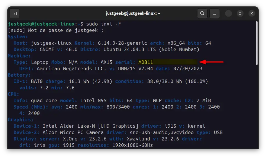 Affichage du numéro de série dans les informations système via la commande inxi -F sous Linux