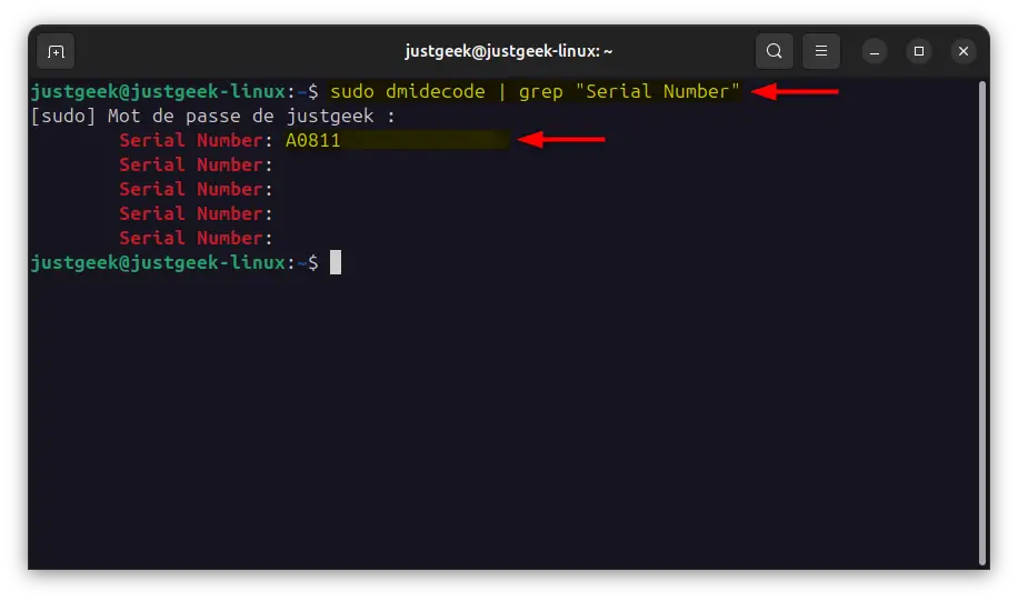 Commande dmidecode avec grep pour afficher le numéro de série sous Linux