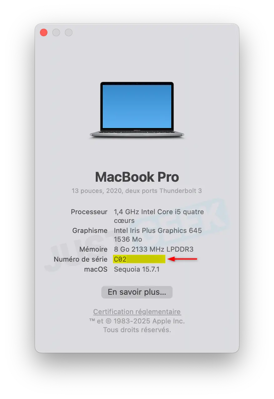 Fenêtre À propos de ce Mac affichant le numéro de série
