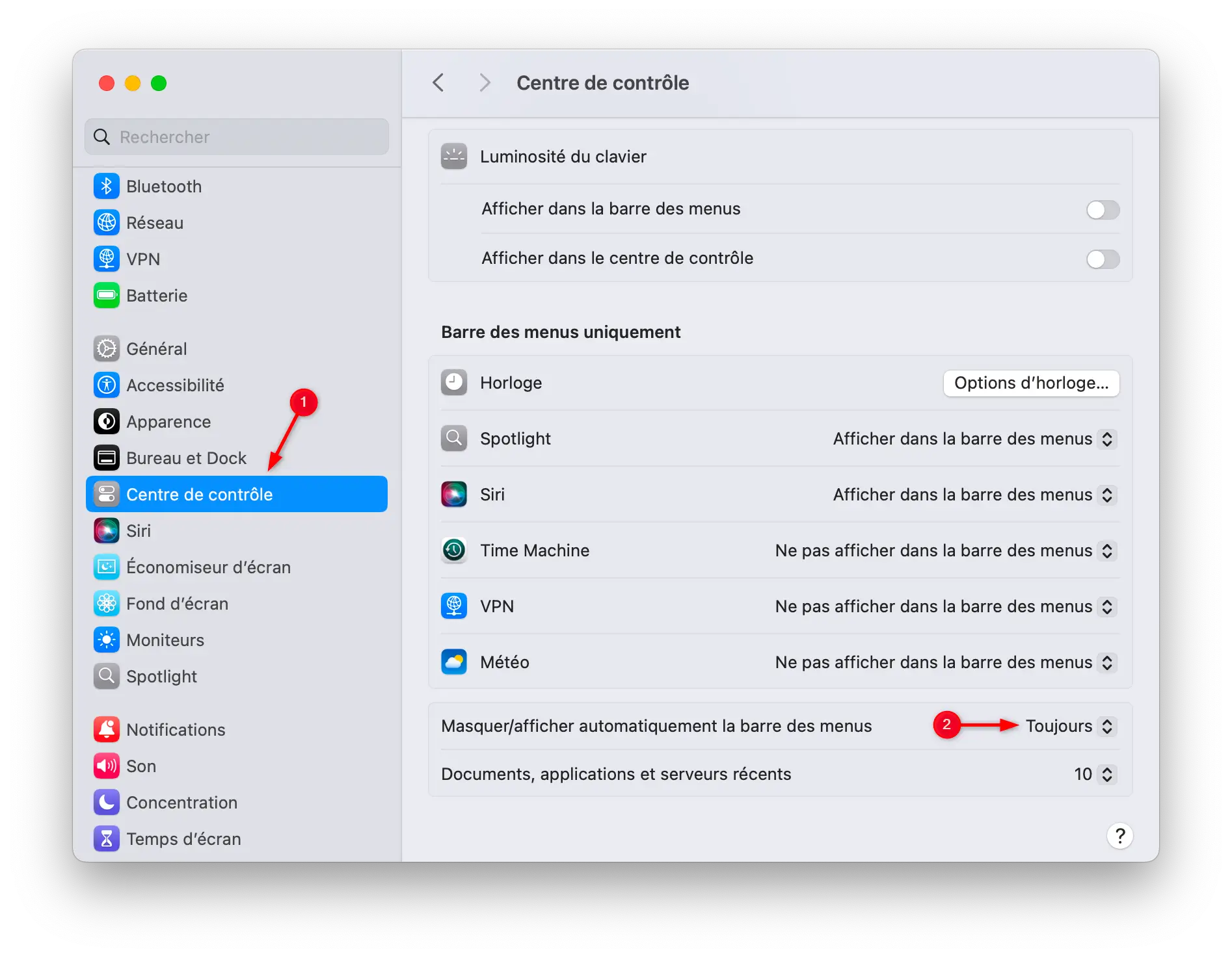 Capture d'écran des paramètres du système macOS montrant l'option permettant de masquer automatiquement la barre de menus