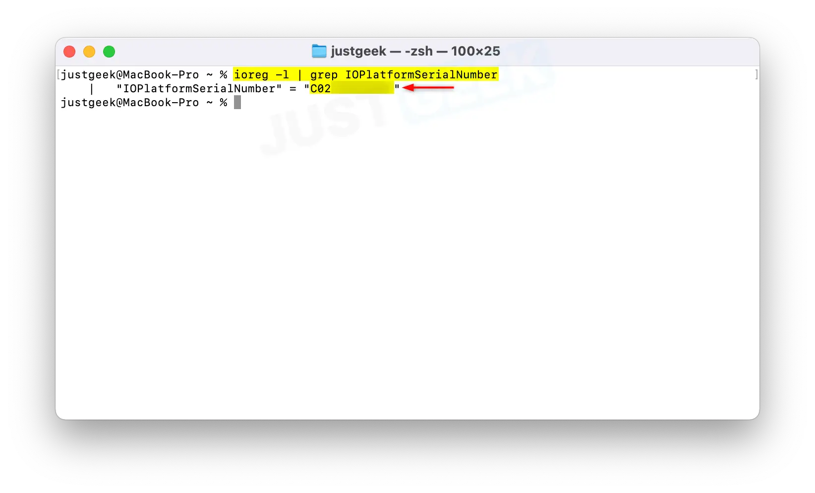 Commande ioreg dans le terminal macOS pour obtenir le numéro de série
