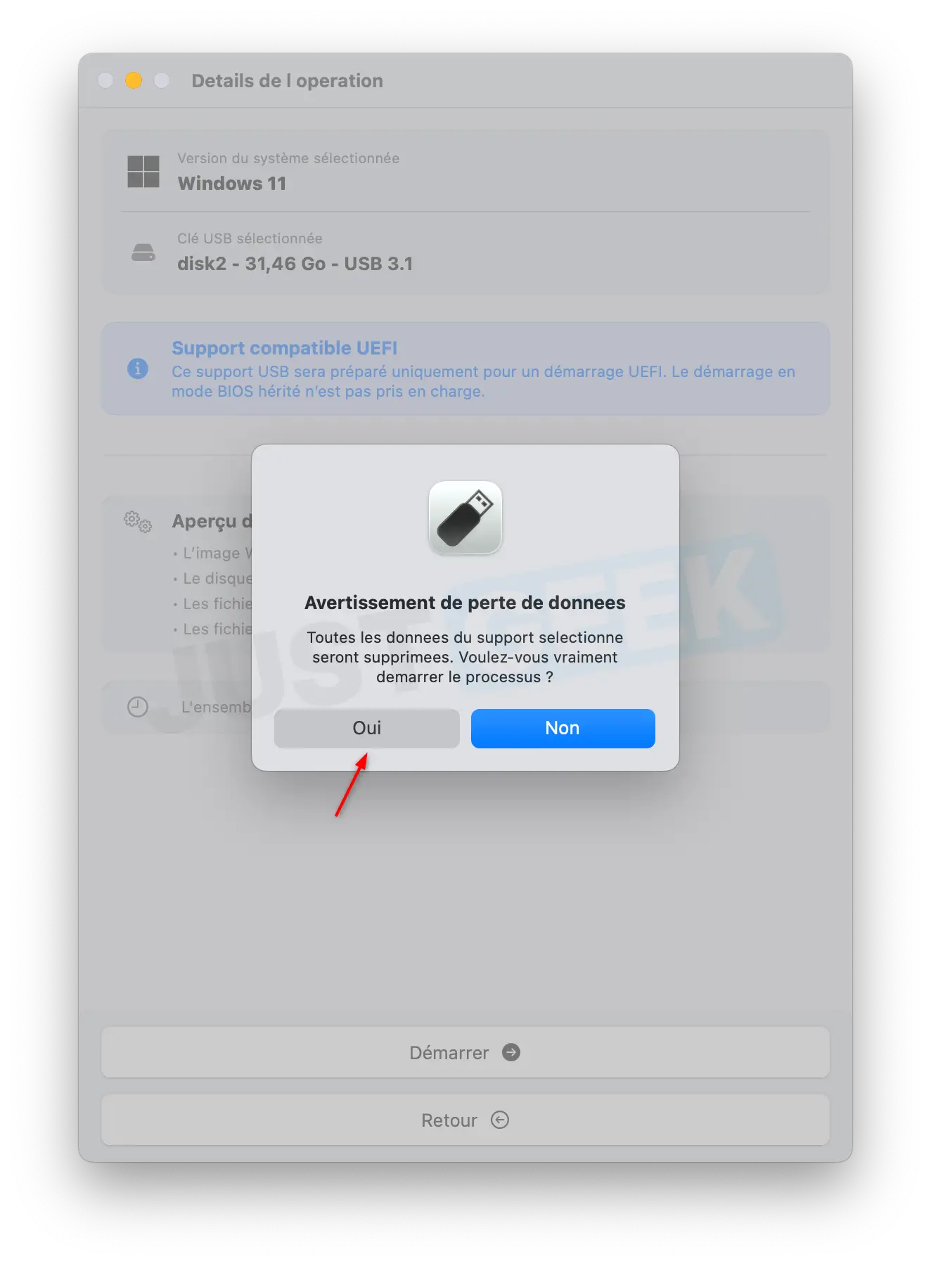 macUSB - Avertissement de perte de données avant de commencer l'opération