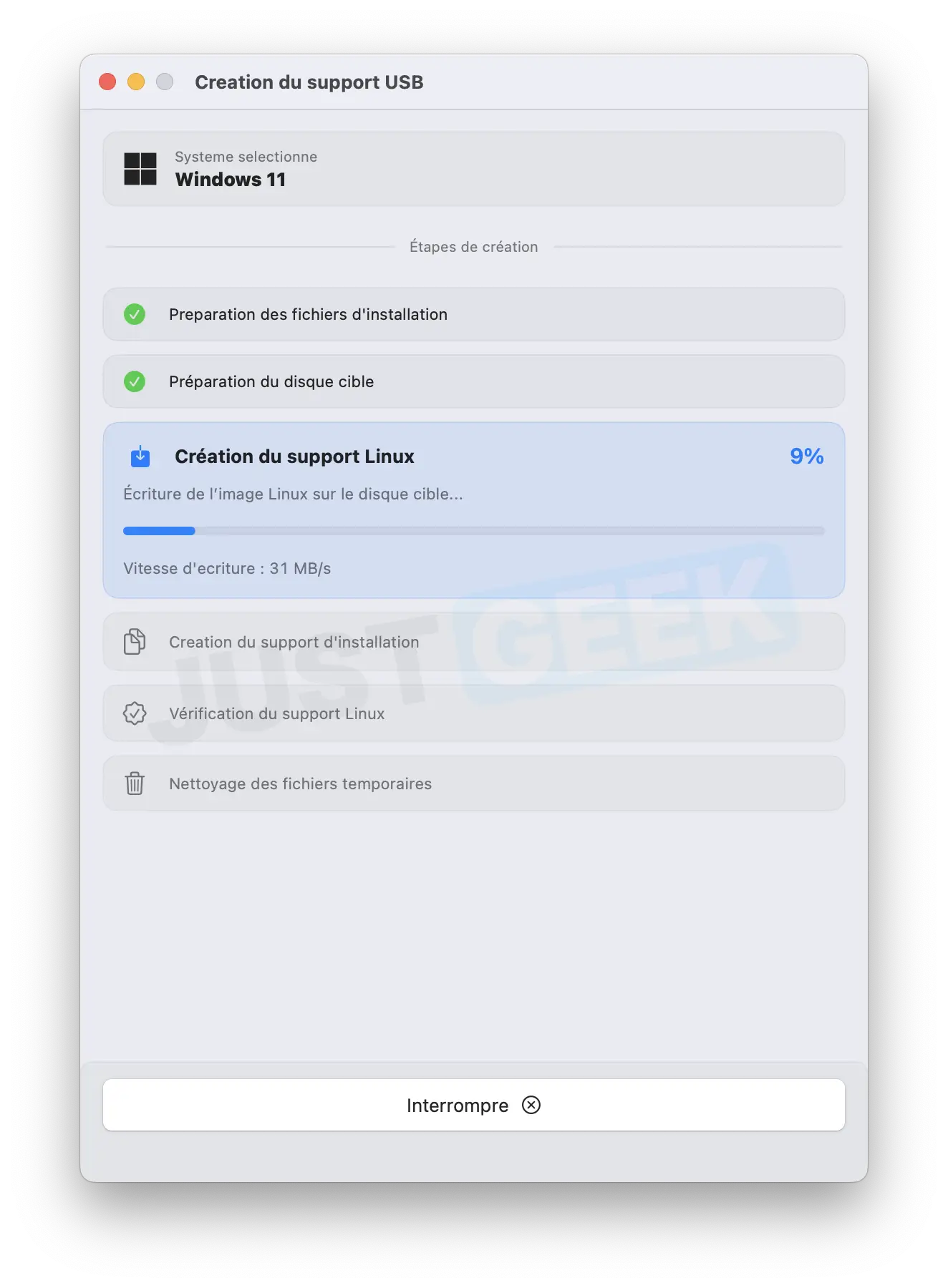 macUSB - Création du support USB Linux en cours