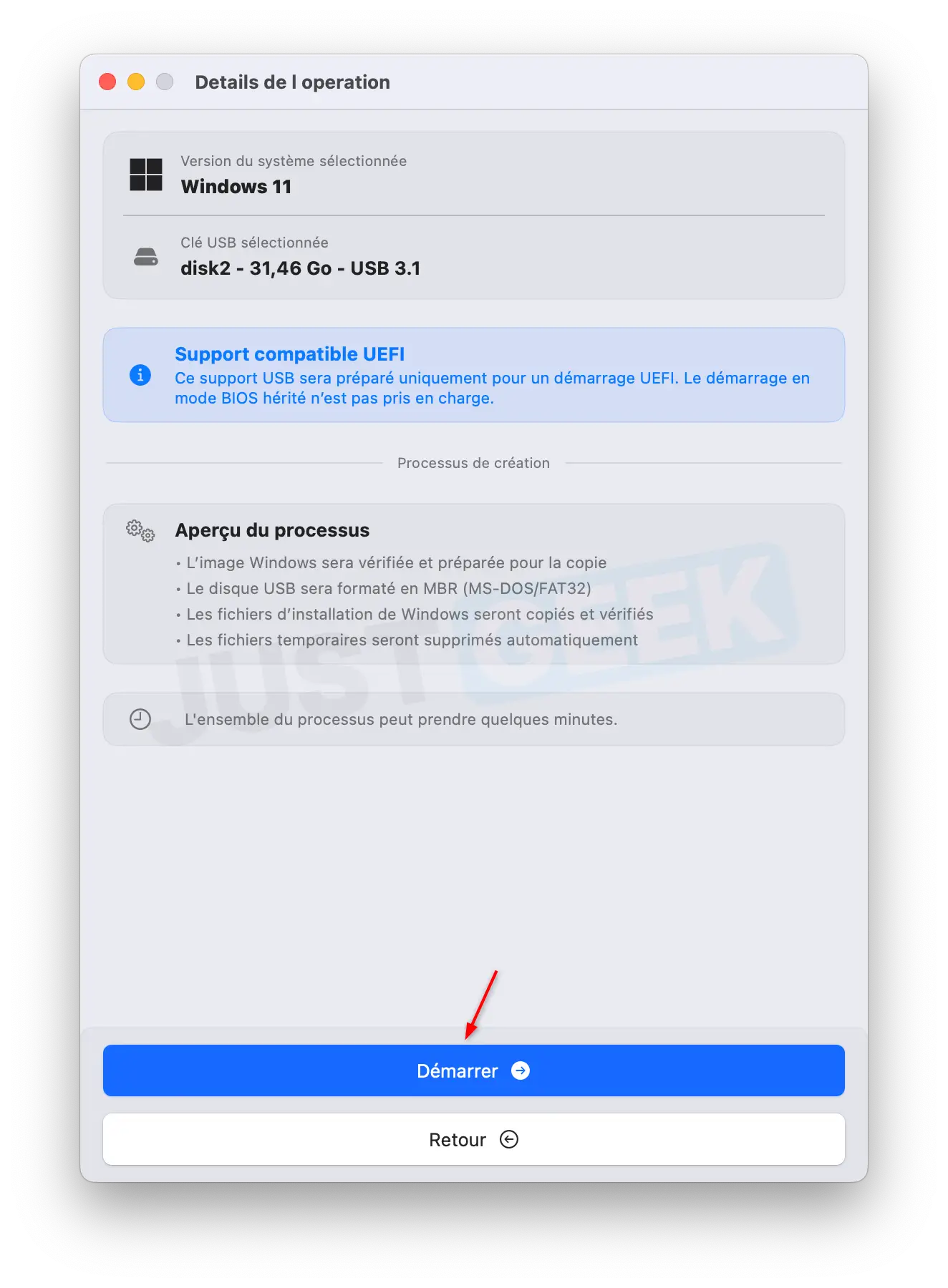 macUSB - Détails de l'opération : créer une clé USB Windows 11 en mode UEFI