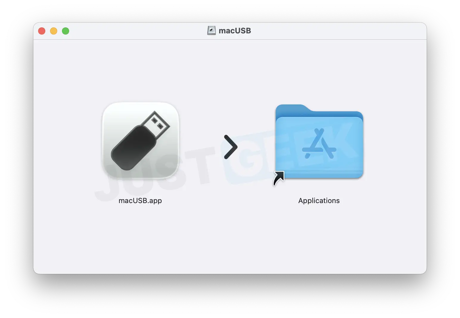 macUSB - Fenêtre d'installation : faites glisser l'application dans le dossier Applications