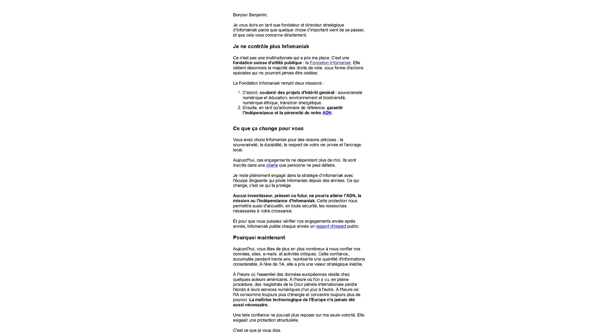 Email envoyé par le fondateur d'Infomaniak annonçant le transfert du contrôle de l'entreprise à la Fondation Infomaniak afin de garantir son indépendance.