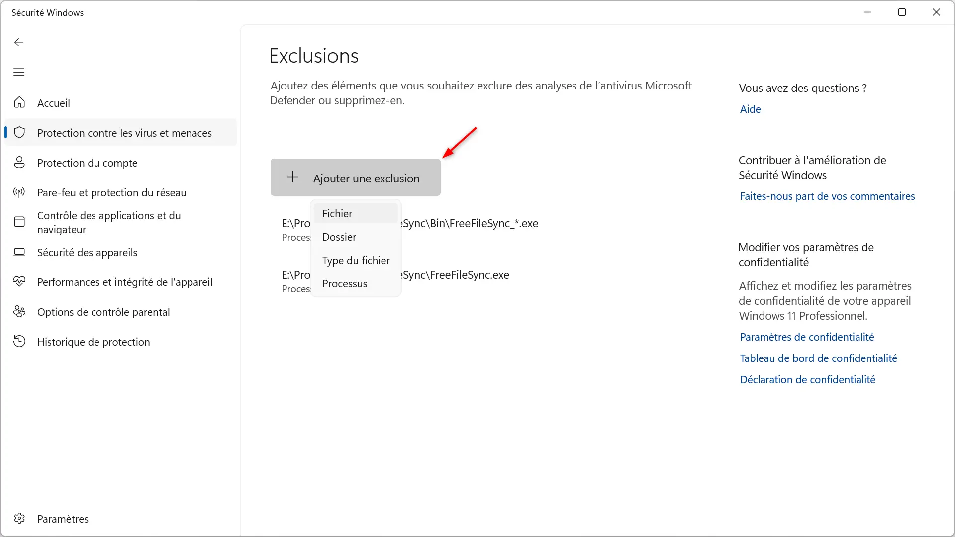Page Exclusions de Microsoft Defender avec la liste déroulante Ajouter une exclusion ouverte (Fichier, Dossier, Type de fichier, Processus)