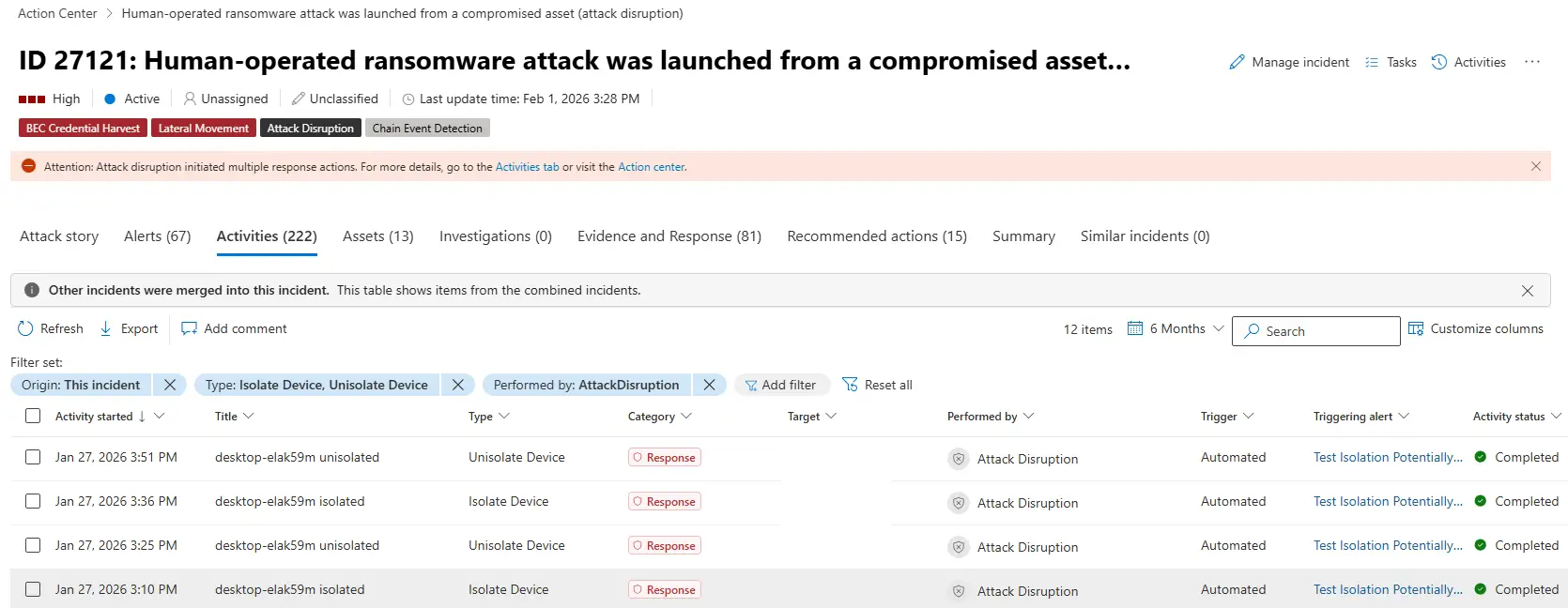 Interface Microsoft Defender montrant la fin automatique des attaques avec isolation d'un appareil compromis