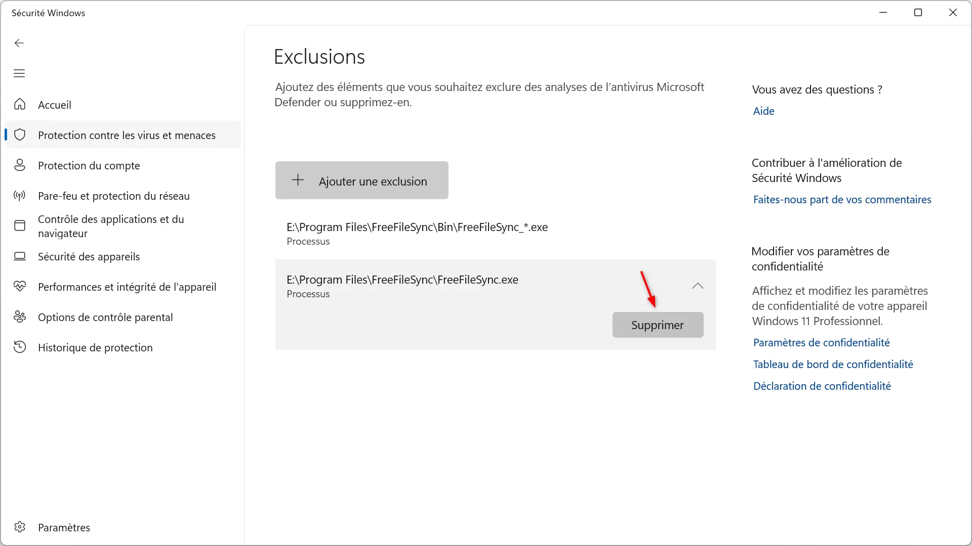 Liste des exclusions dans Microsoft Defender avec le bouton Supprimer affiché sur une entrée développée
