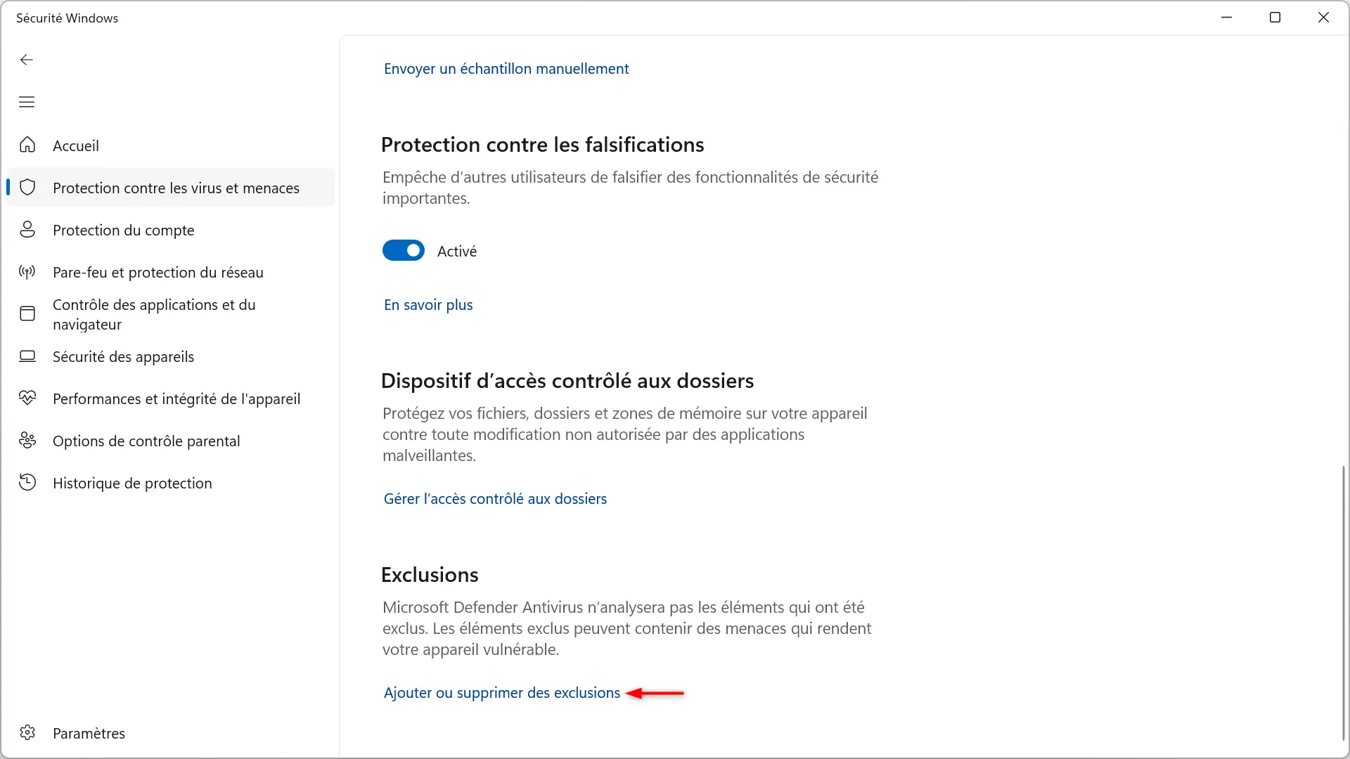 Paramètres de protection contre les virus et les menaces - Section Exclusions avec lien Ajouter ou supprimer des exclusions