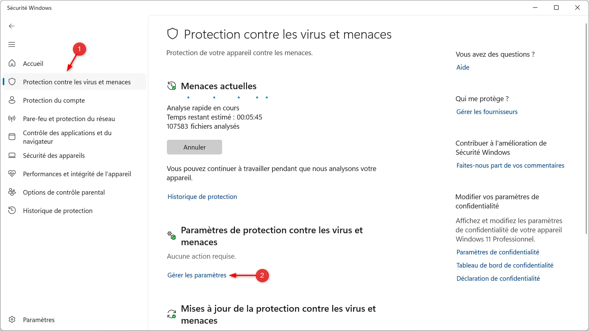 Sécurité Windows - Section Protection contre les virus et les menaces avec le lien Gérer les paramètres