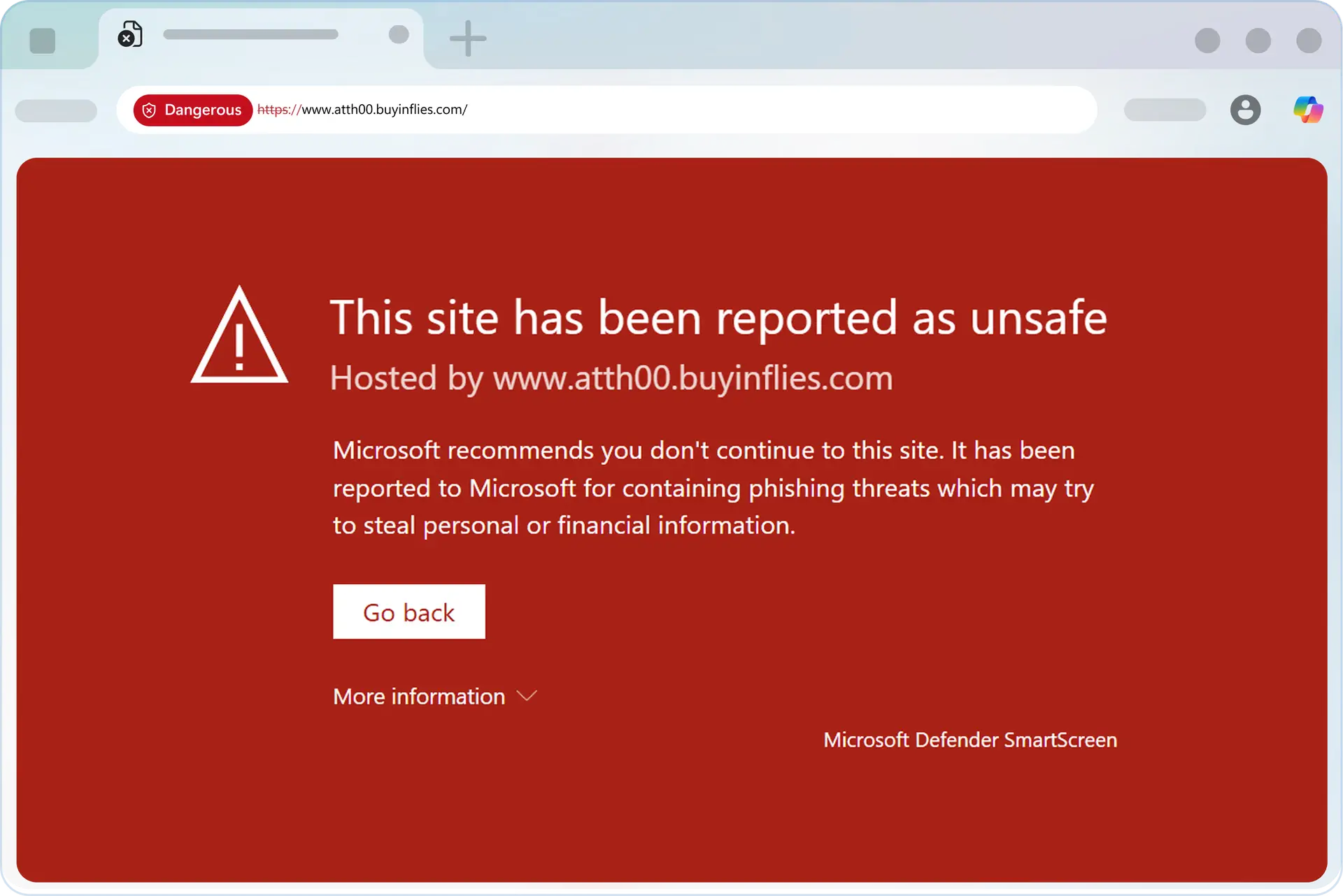 Avertissement Microsoft Defender SmartScreen signalant un site de phishing dangereux dans le navigateur Edge