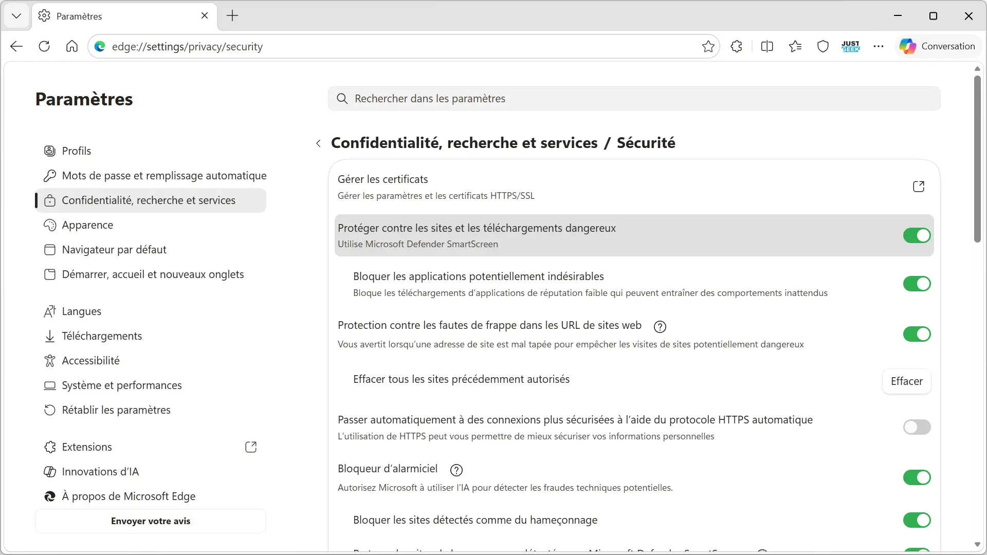 Paramètres de sécurité Microsoft Defender SmartScreen dans Microsoft Edge sous Windows 11