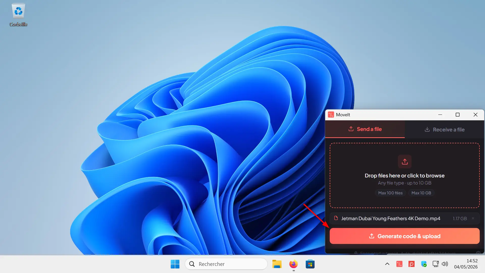 Application de bureau MoveIt sous Windows avec un fichier prêt à être envoyé