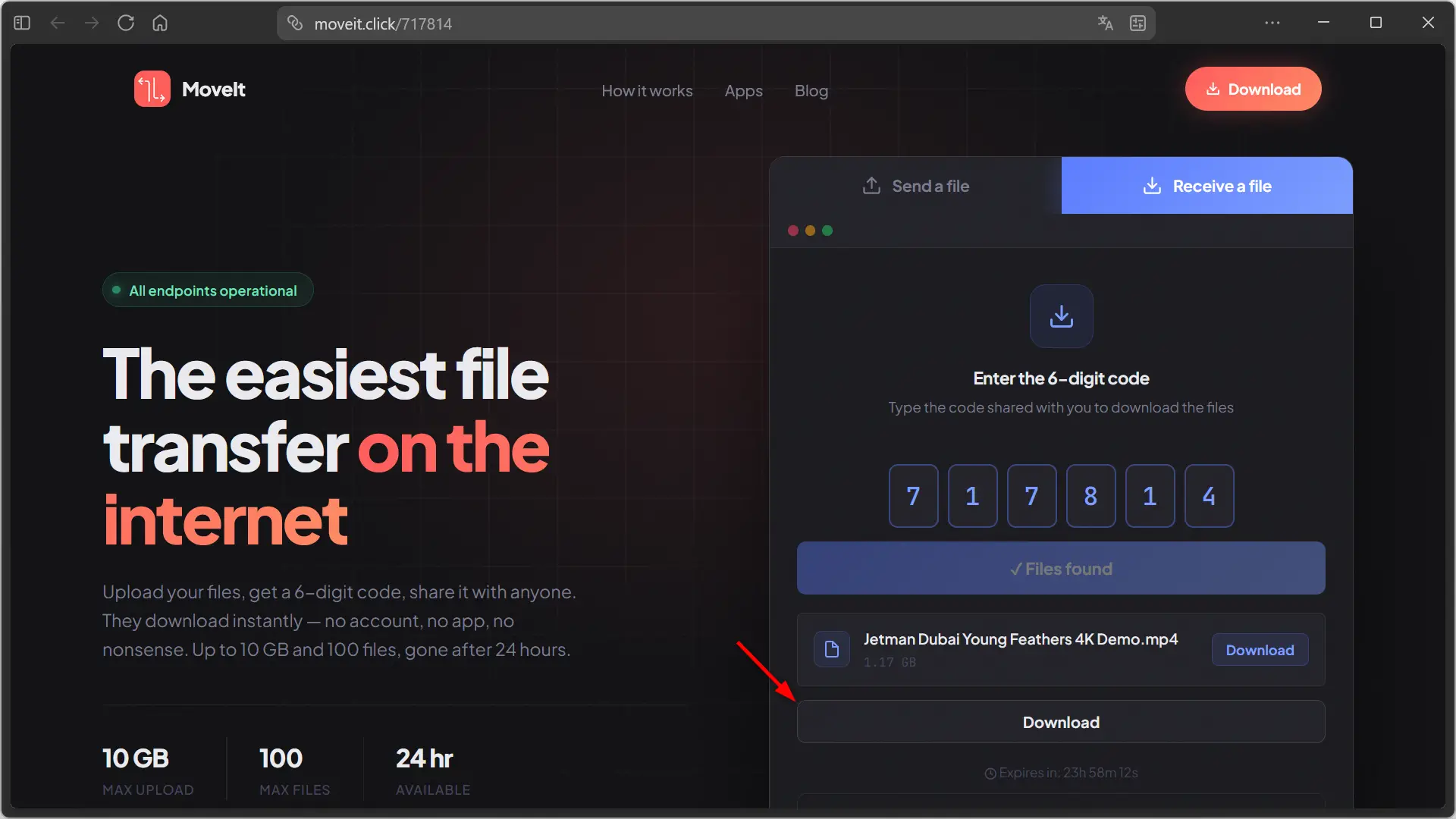 Télécharger un fichier depuis moveit.click en saisissant le code à 6 chiffres dans un navigateur