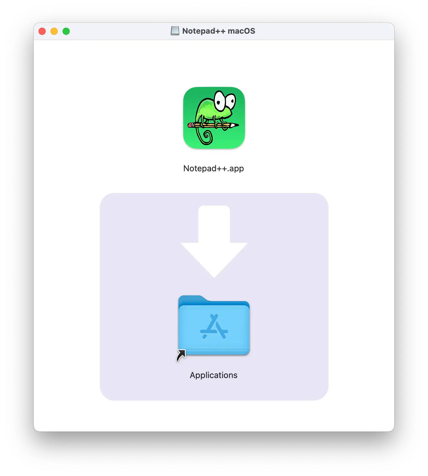 Fenêtre d'installation de Notepad++ sur macOS par glisser-déposer dans le dossier Applications