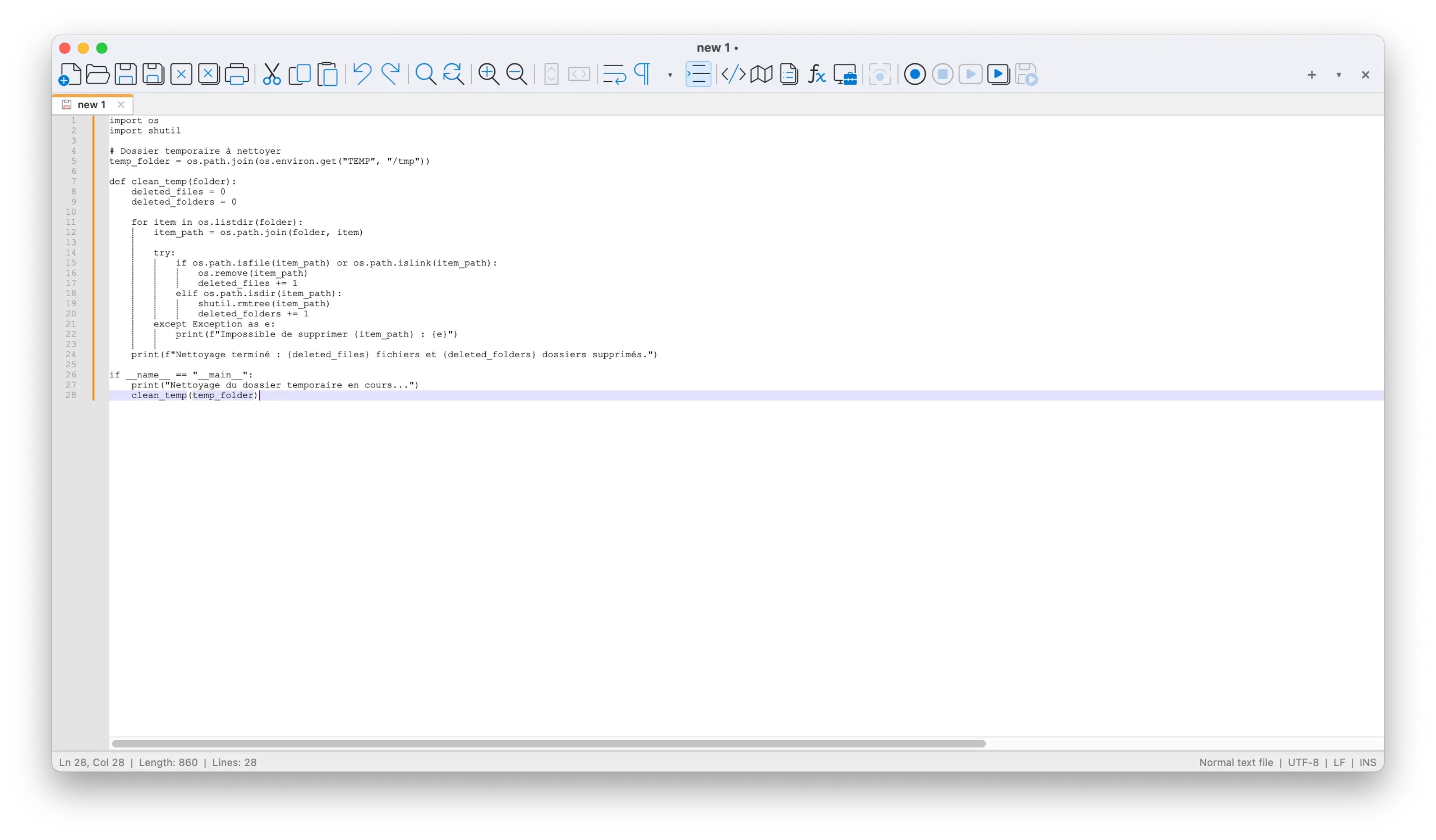 Interface Notepad++ sur macOS avec coloration syntaxique d'un script Python