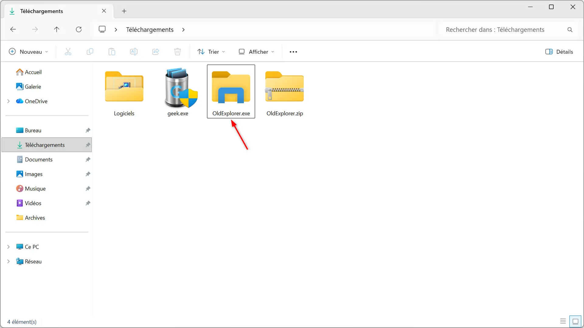 Fichier OldExplorer.exe sélectionné dans le dossier Téléchargements de Windows 11 avant de lancer l'Ancien Explorateur de fichiers