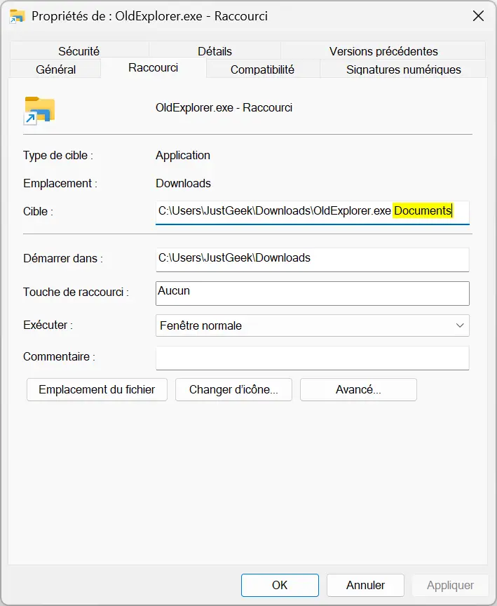 Modification du champ « Cible » d'un raccourci OldExplorer pour ouvrir directement le dossier Documents sous Windows 11