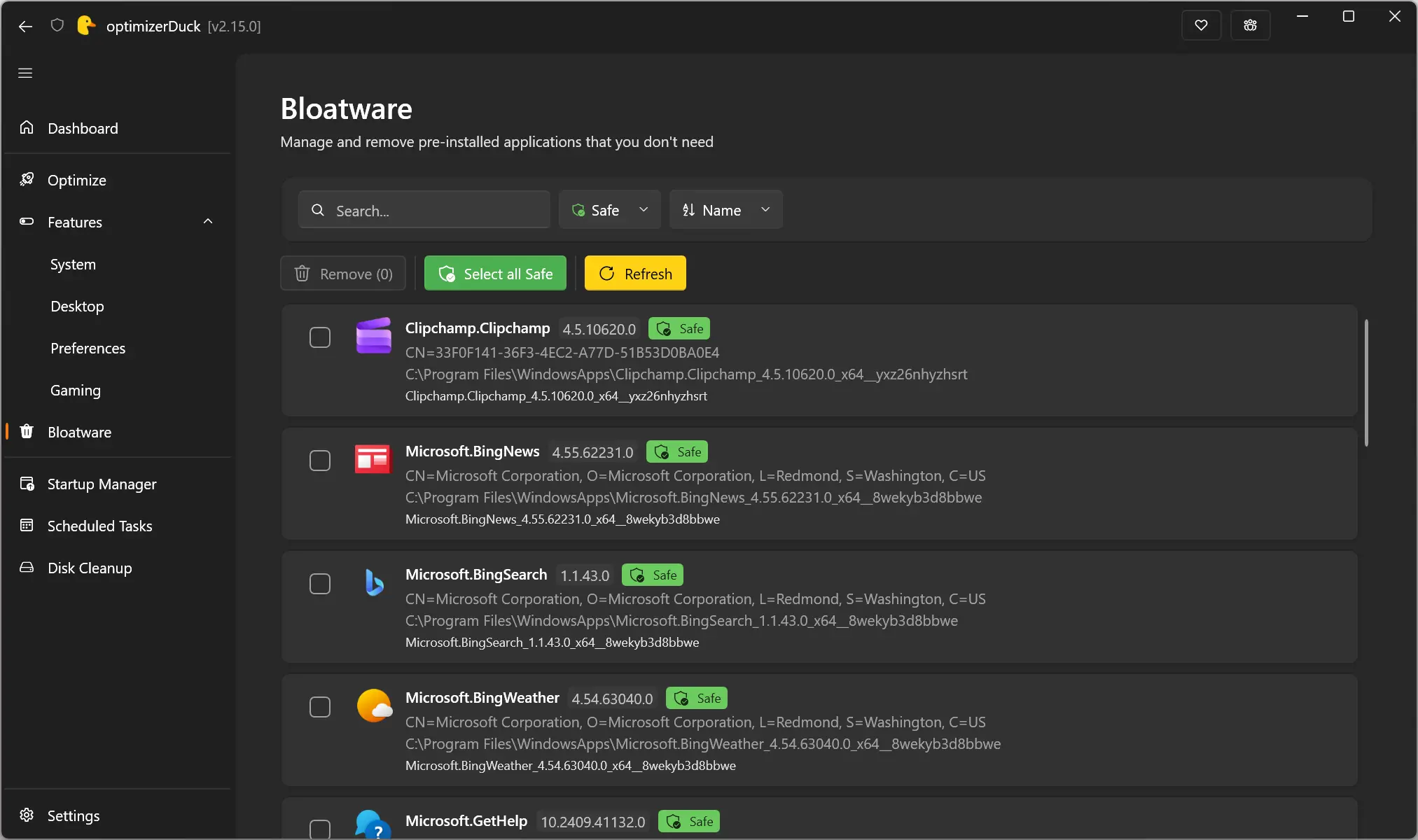 Module de suppression des bloatwares Windows 11 dans optimiseurDuck avec badges de risque