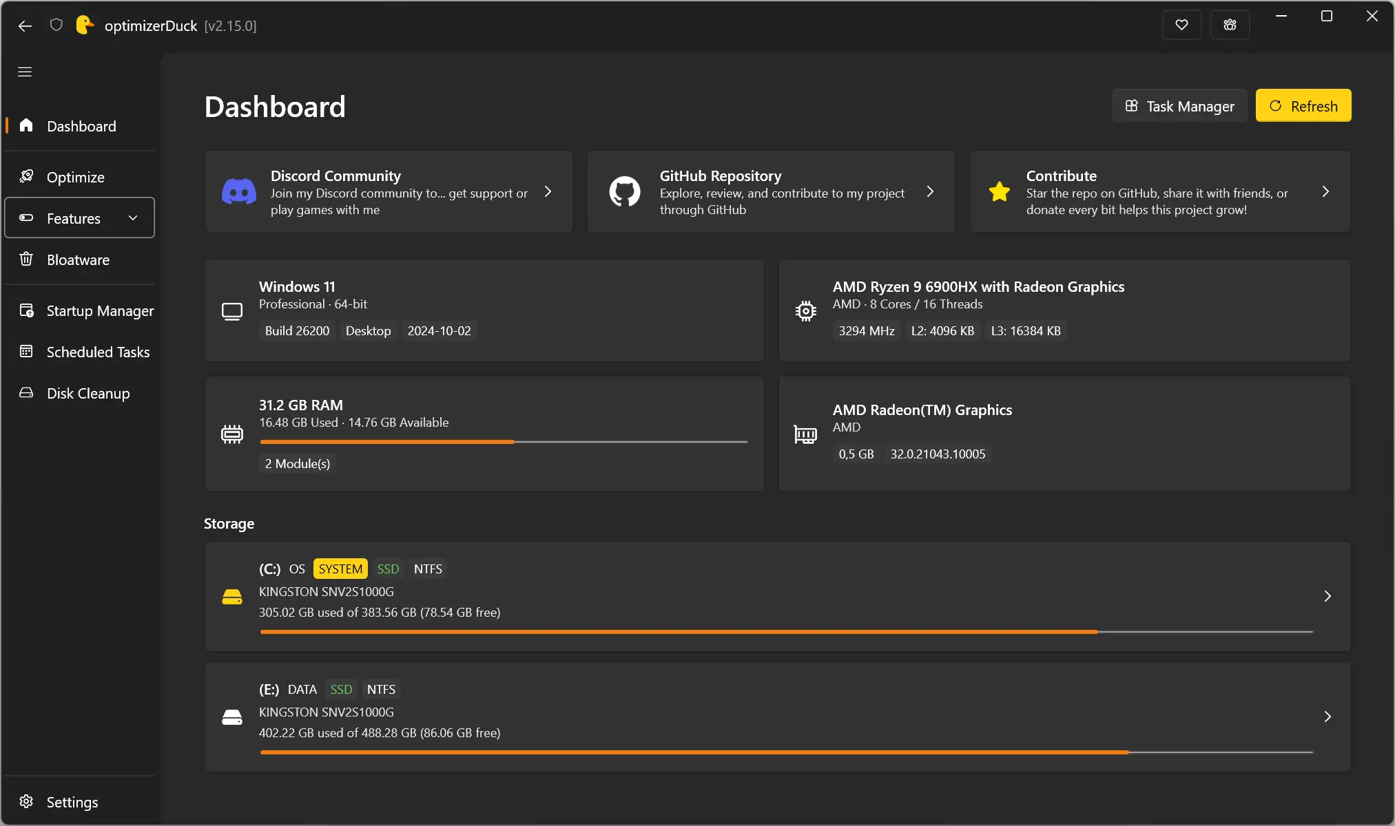 Interface principale d'optimiseurDuck avec le tableau de bord système dans Windows 11